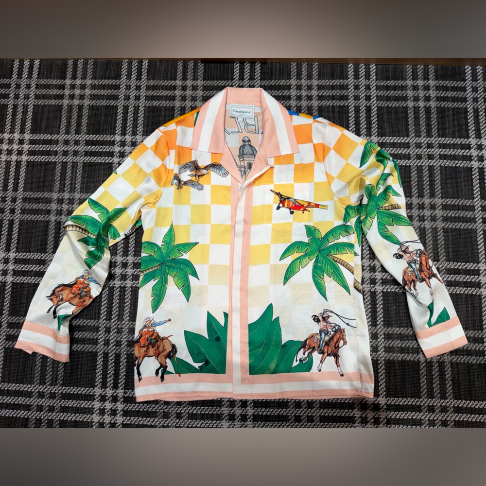 Vibrant Checkered Dress Shirt with Tropical Print